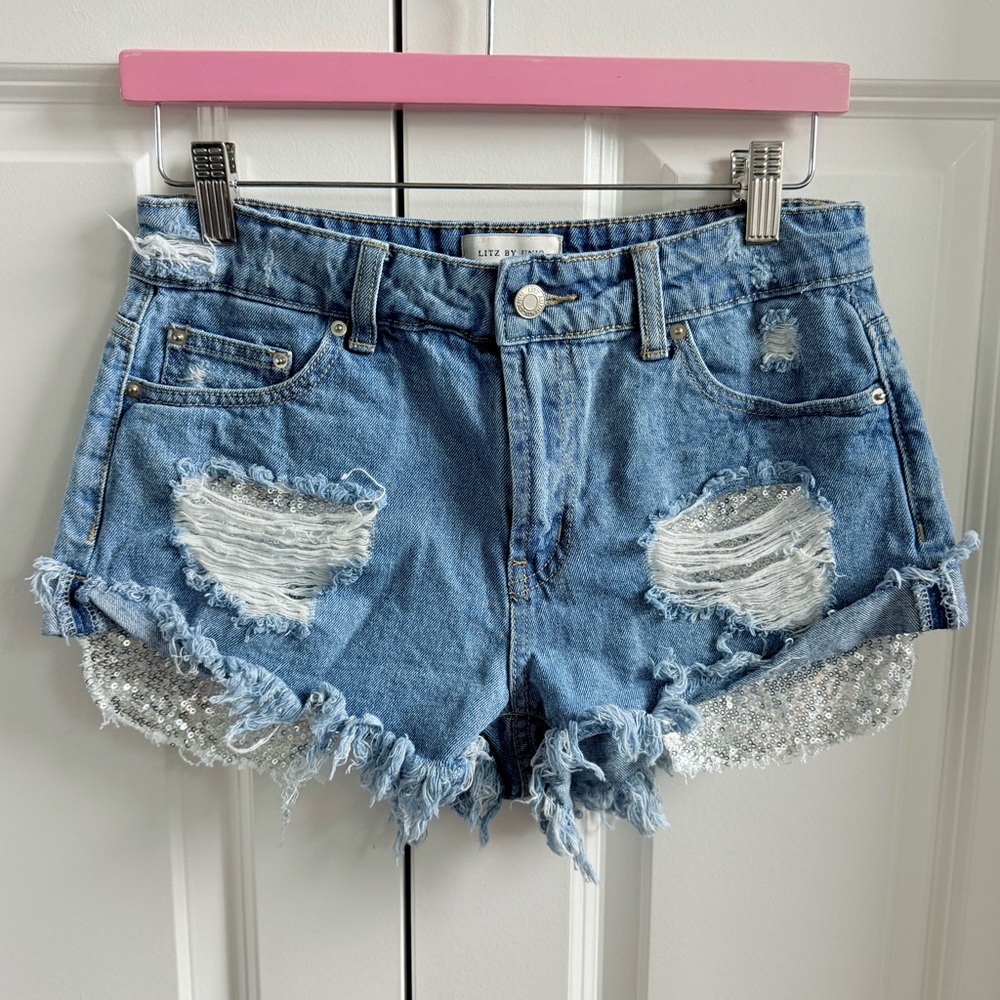 Sequin Pocket Denim Shorts - Size Small